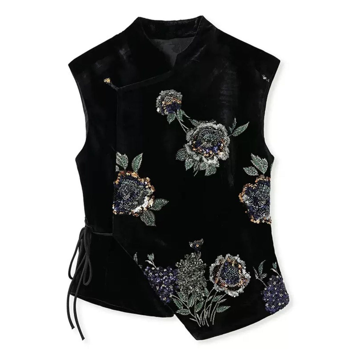 Embroidery Flowers Black Velvet Fitted Vest Cardigan