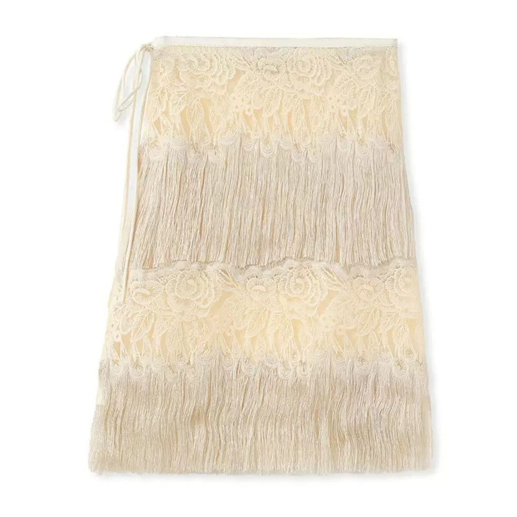 Poetic Embroidery White Tassel Outer Layer Floral Patchwork Knee-Length Dress