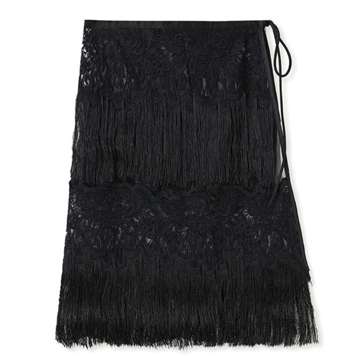 Poetic Embroidery Black  Tassel Outer Layer Floral Patchwork Knee-Length Short Skirt