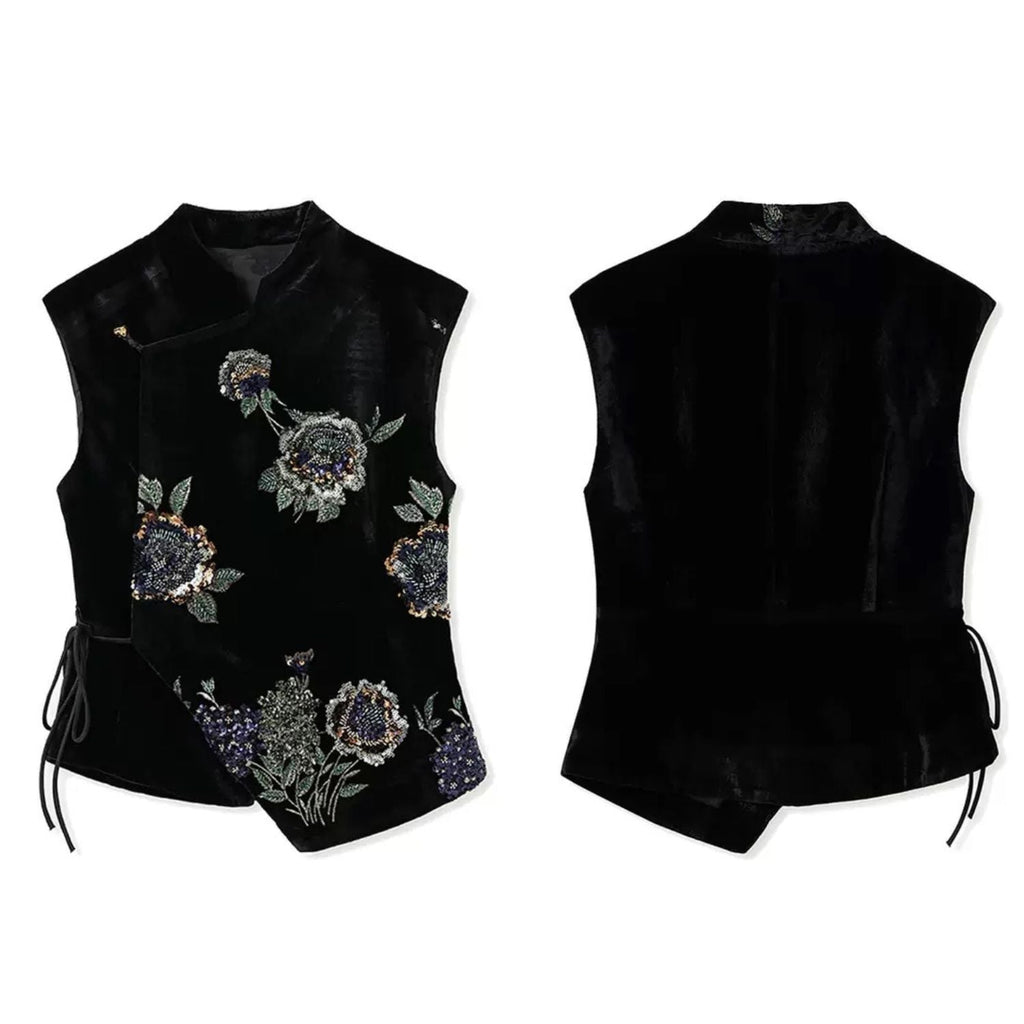 Embroidery Flowers Black Velvet Fitted Vest Cardigan
