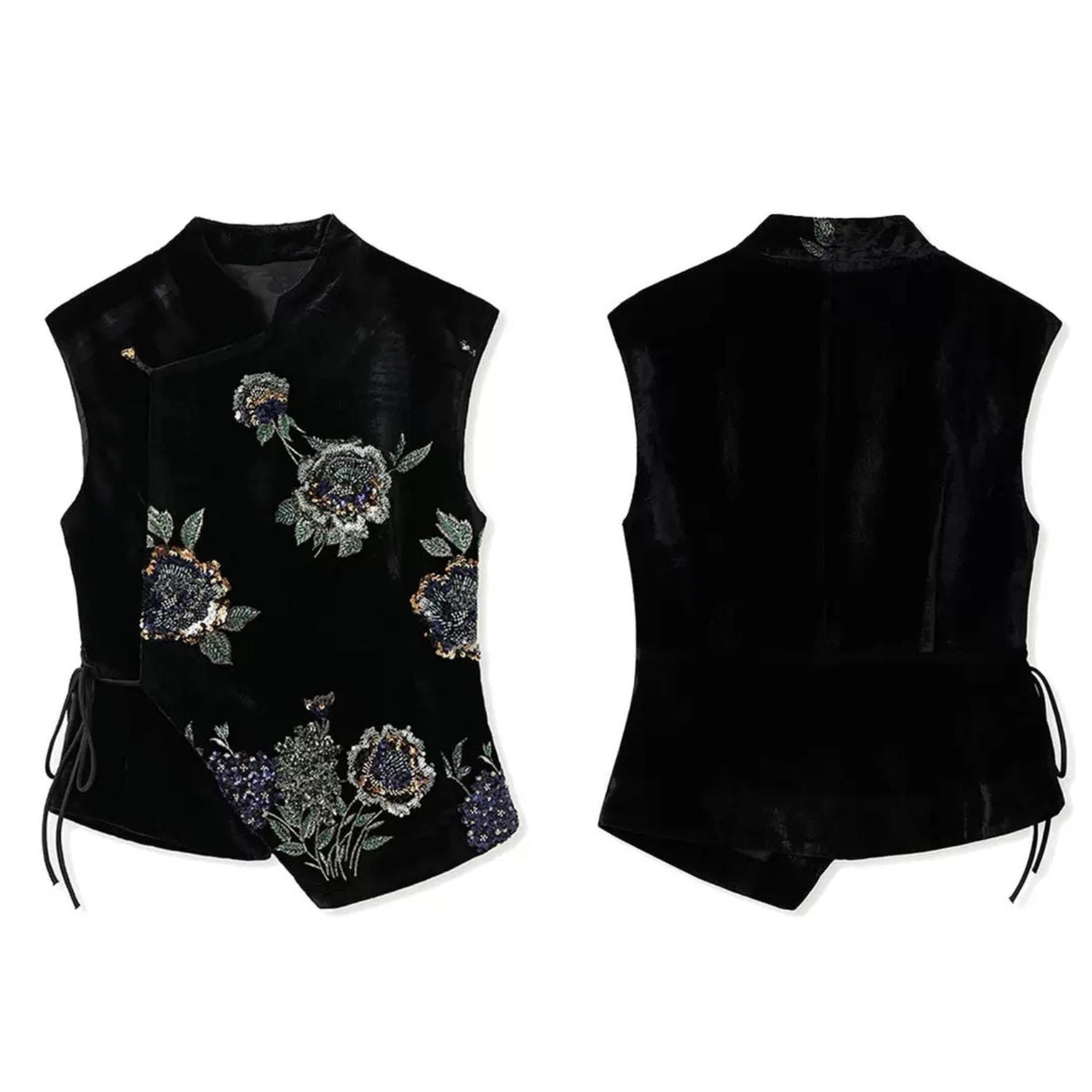 Embroidery Flowers Black Velvet Fitted Vest Cardigan