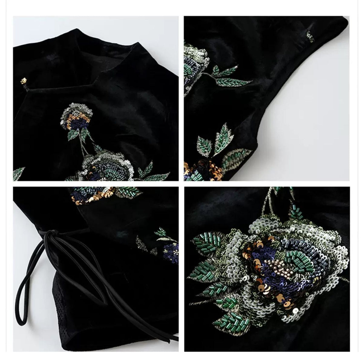 Embroidery Flowers Black Velvet Fitted Vest Cardigan