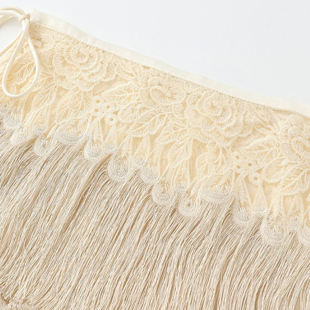 Poetic Embroidery White Tassel Outer Layer Floral Patchwork Knee-Length Dress