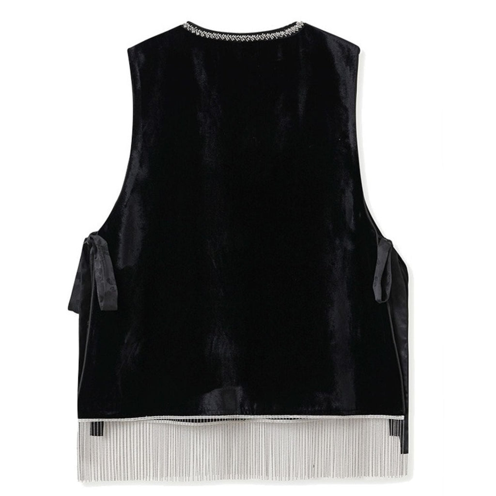 Embroidery Flowers Black Velvet Vest Pullover