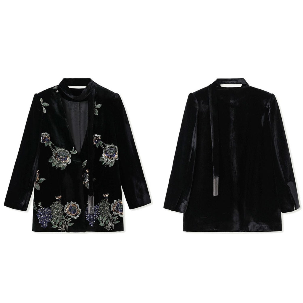 Embroidery Flowers Black Mulberry Silk Velvet Jacket Suit Top
