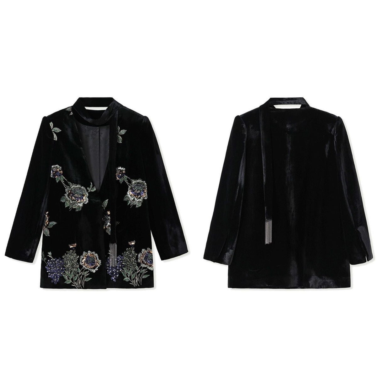 Embroidery Flowers Black Mulberry Silk Velvet Jacket Suit Top