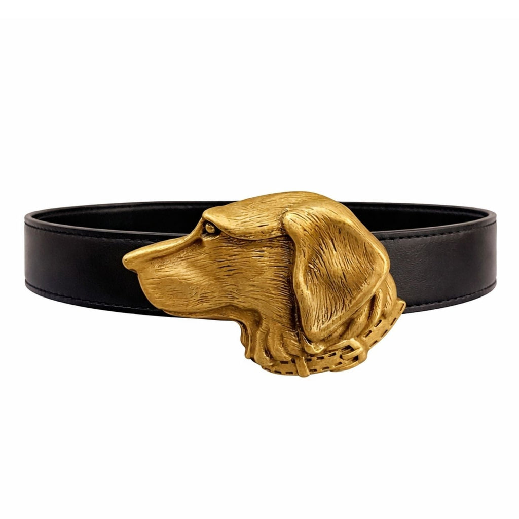 Black belt with a gold dog head buckle by wjy studio London