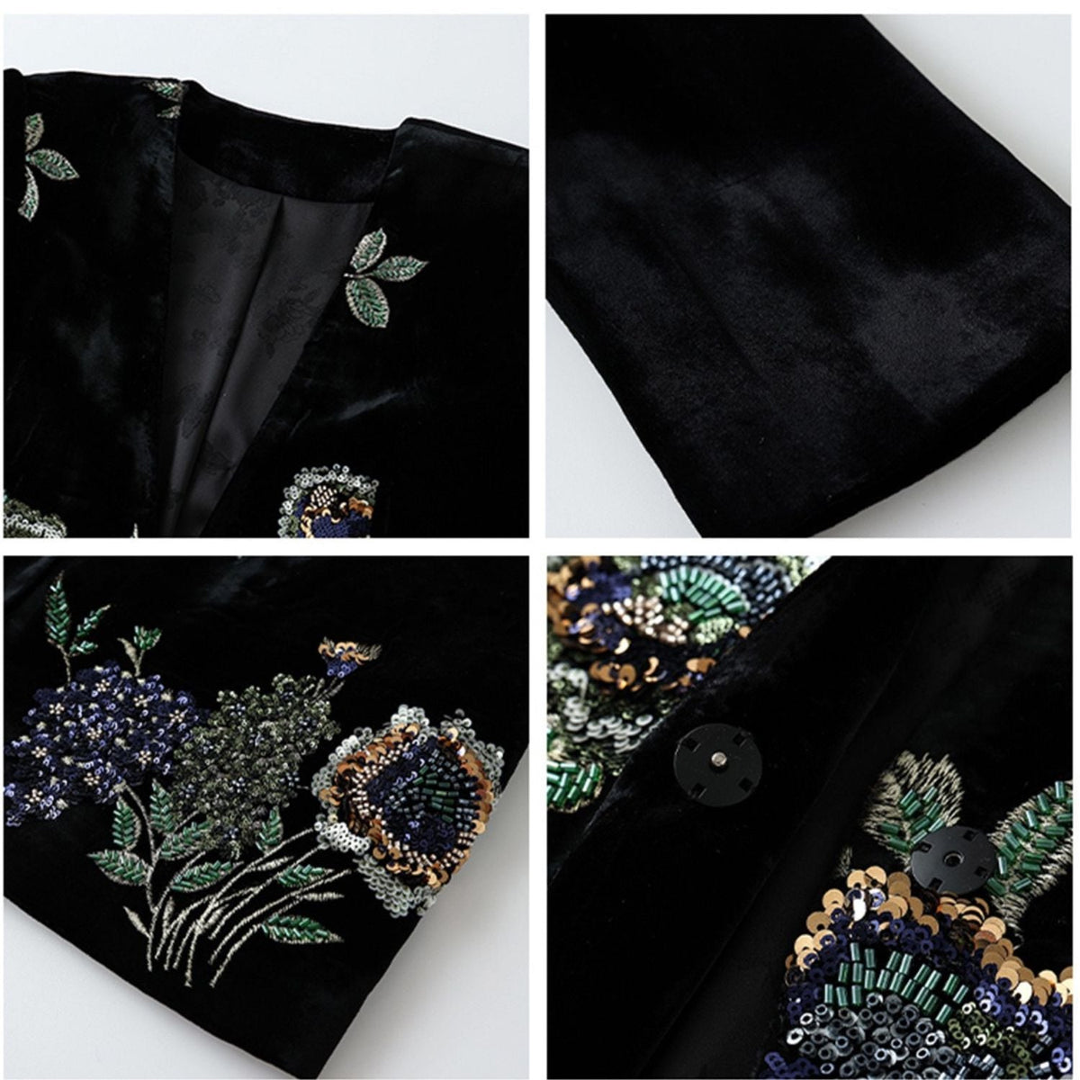 Embroidery Flowers Black Mulberry Silk Velvet Jacket Suit Top