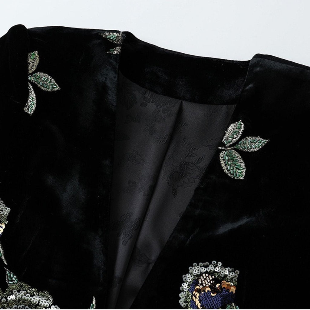 Embroidery Flowers Black Mulberry Silk Velvet Jacket Suit Top
