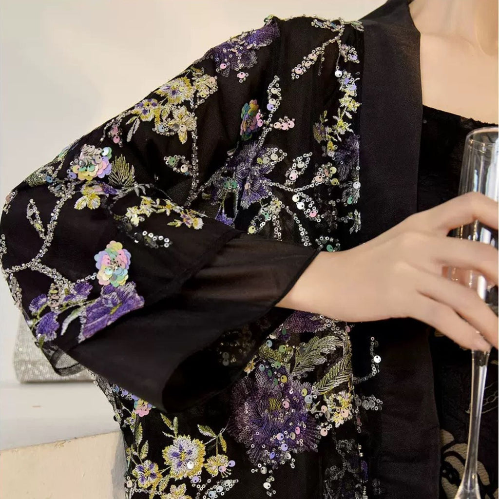 Embroidery Flowers Black Cardigan Top