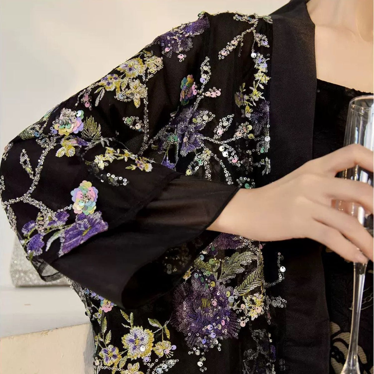 Embroidery Flowers Black Cardigan Top