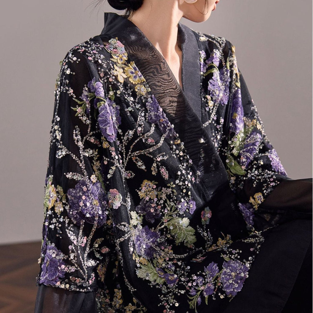 Embroidery Flowers Black Cardigan Top