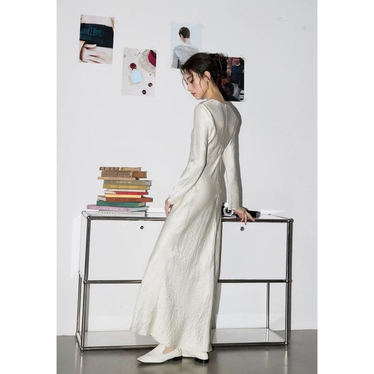 Timeless Chic Long Dress Long Sleeve Wrinkled Evening Dress Glamour White