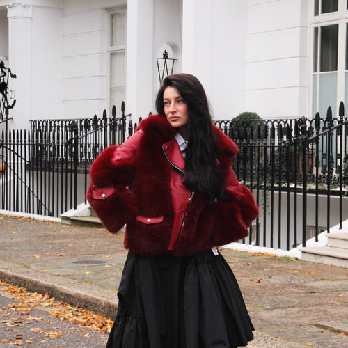 Eco-friendly Red Jacket Coat Faux Fur Leather  Zipper