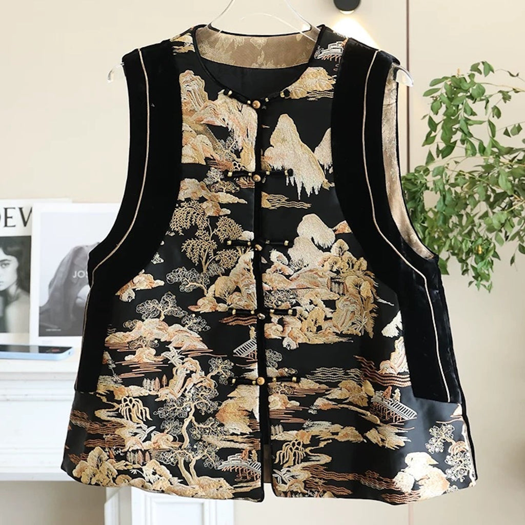 Poetic Landscape Embroidered Vest Gold  Black
