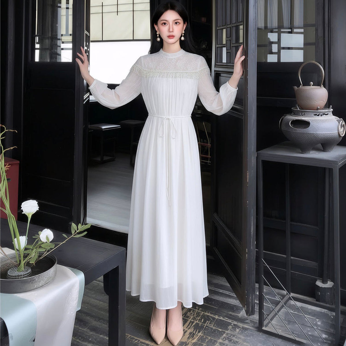 Poetic Embroidery Lace Tassel Fringe Maxi Dress in Cloud White