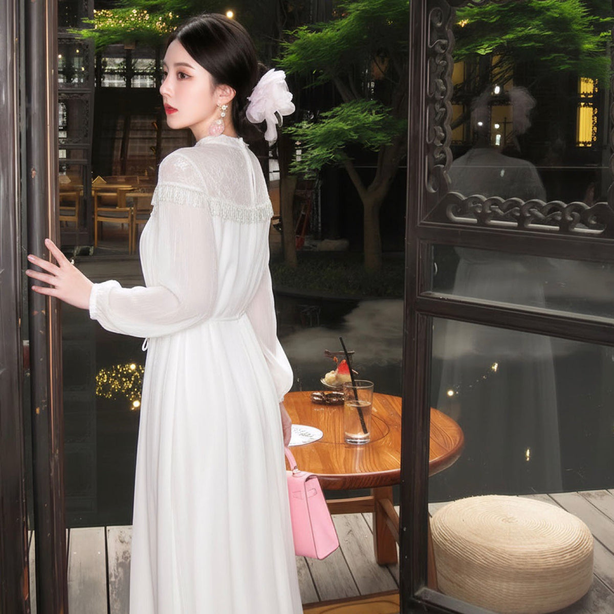 Poetic Embroidery Lace Tassel Fringe Maxi Dress in Cloud White
