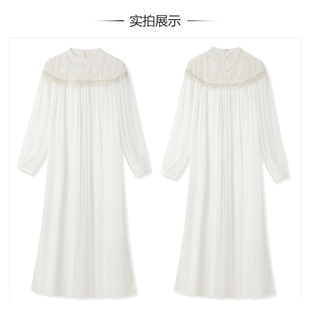Poetic Embroidery Lace Tassel Fringe Maxi Dress in Cloud White