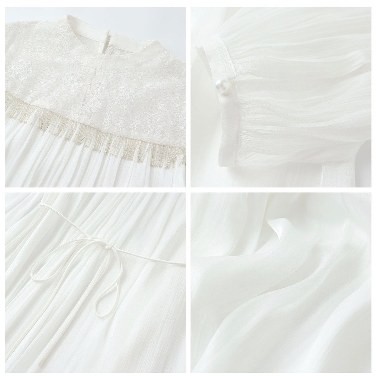 Poetic Embroidery Lace Tassel Fringe Maxi Dress in Cloud White