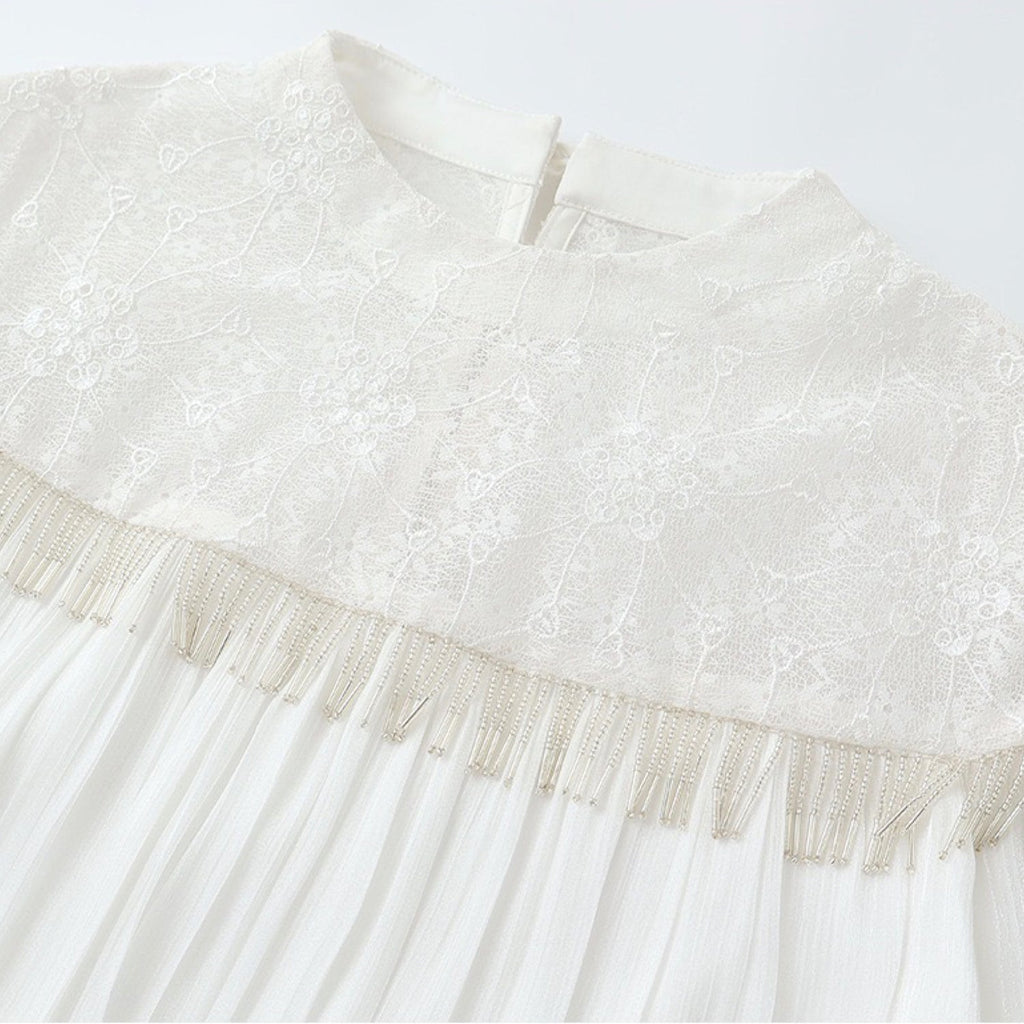 Poetic Embroidery Lace Tassel Fringe Maxi Dress in Cloud White
