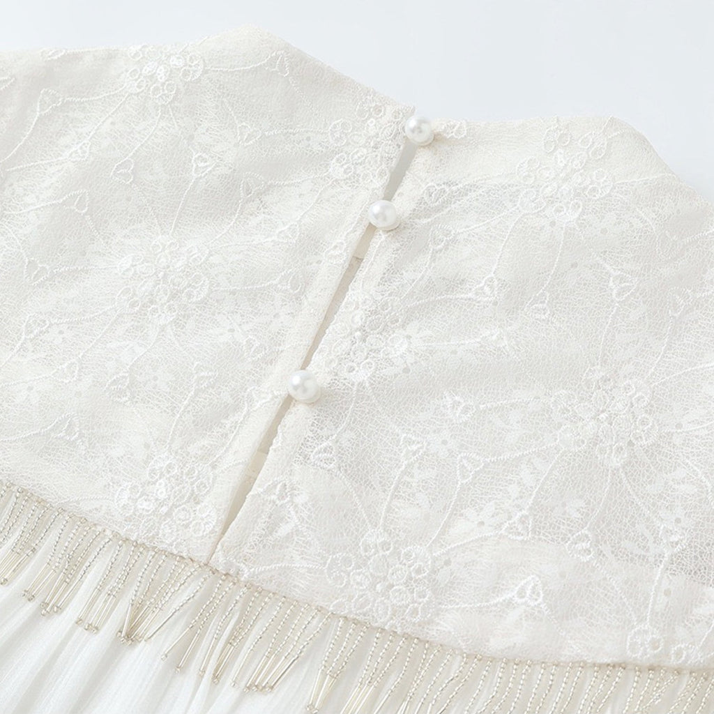 Poetic Embroidery Lace Tassel Fringe Maxi Dress in Cloud White