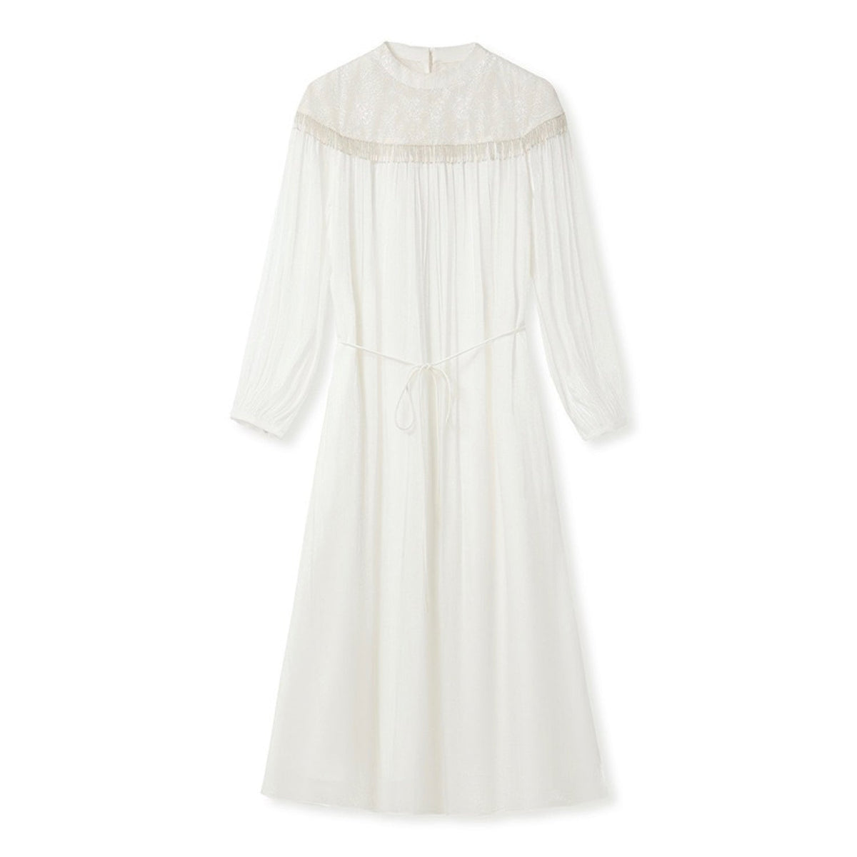 Poetic Embroidery Lace Tassel Fringe Maxi Dress in Cloud White