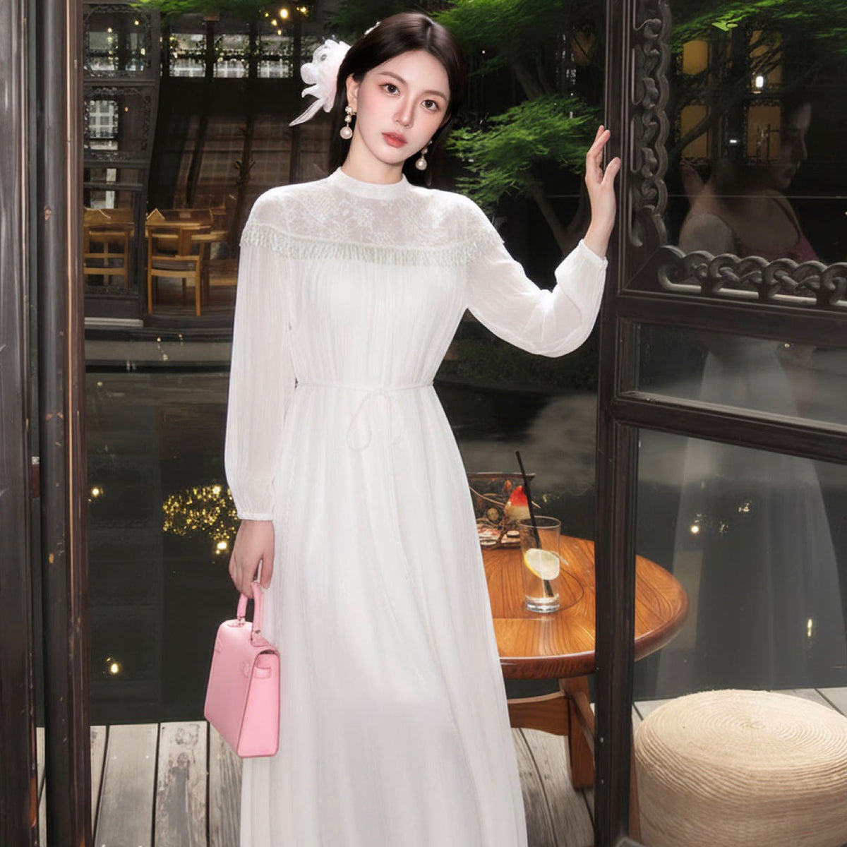 Poetic Embroidery Lace Tassel Fringe Maxi Dress in Cloud White