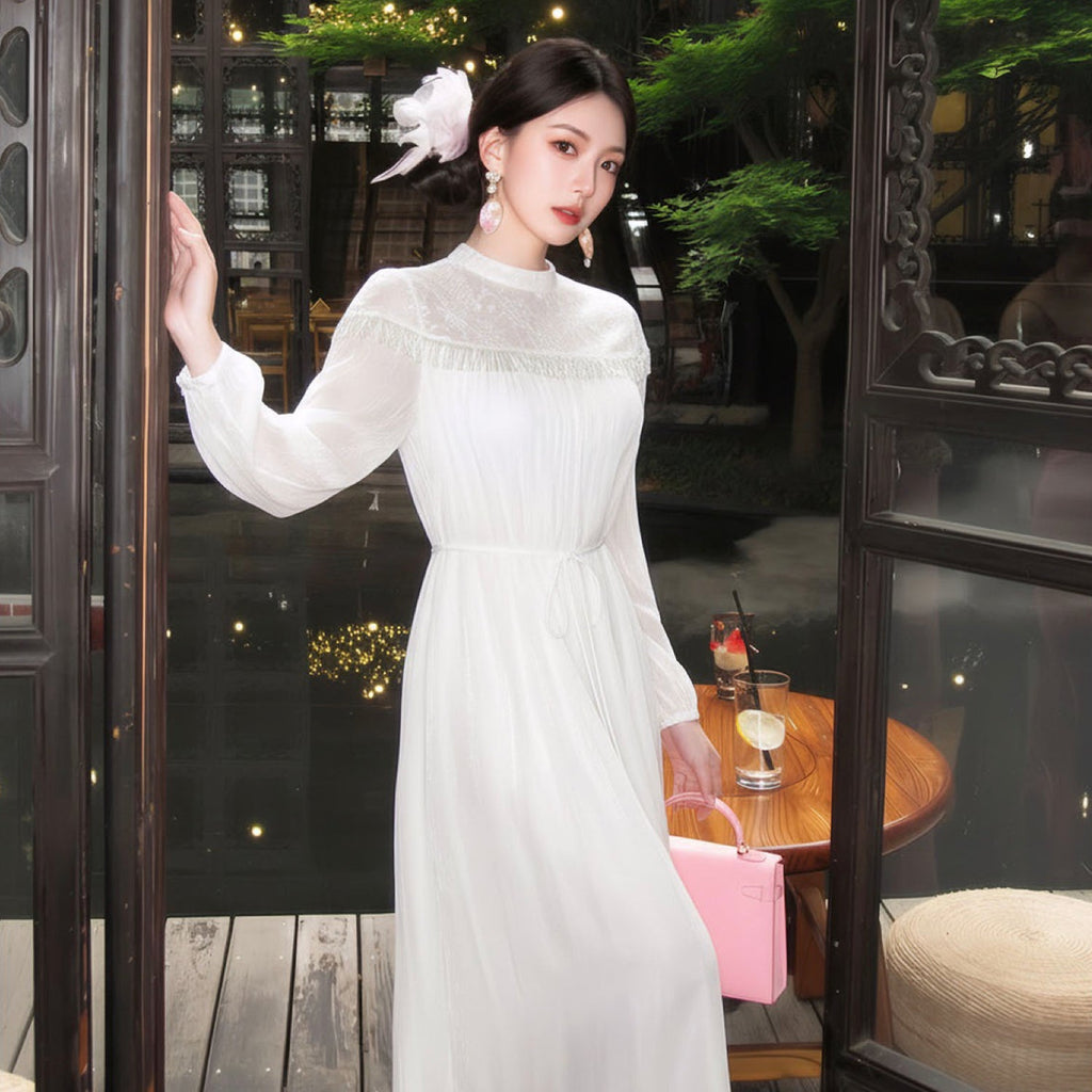 Poetic Embroidery Lace Tassel Fringe Maxi Dress in Cloud White