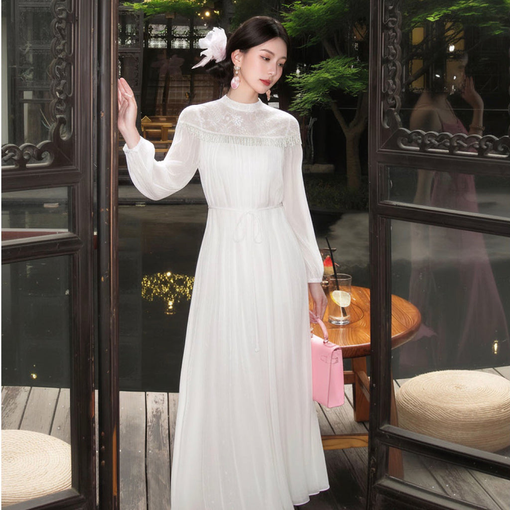 Poetic Embroidery Lace Tassel Fringe Maxi Dress in Cloud White