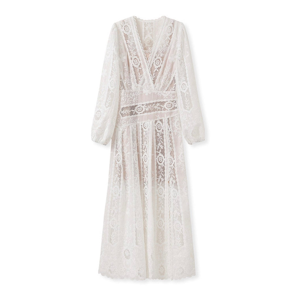 Embroidery Elegant Lance Maxi Dress Cream White