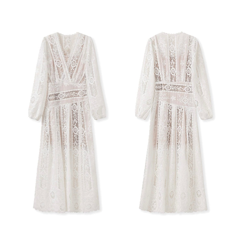 Embroidery Elegant Lance Maxi Dress Cream White