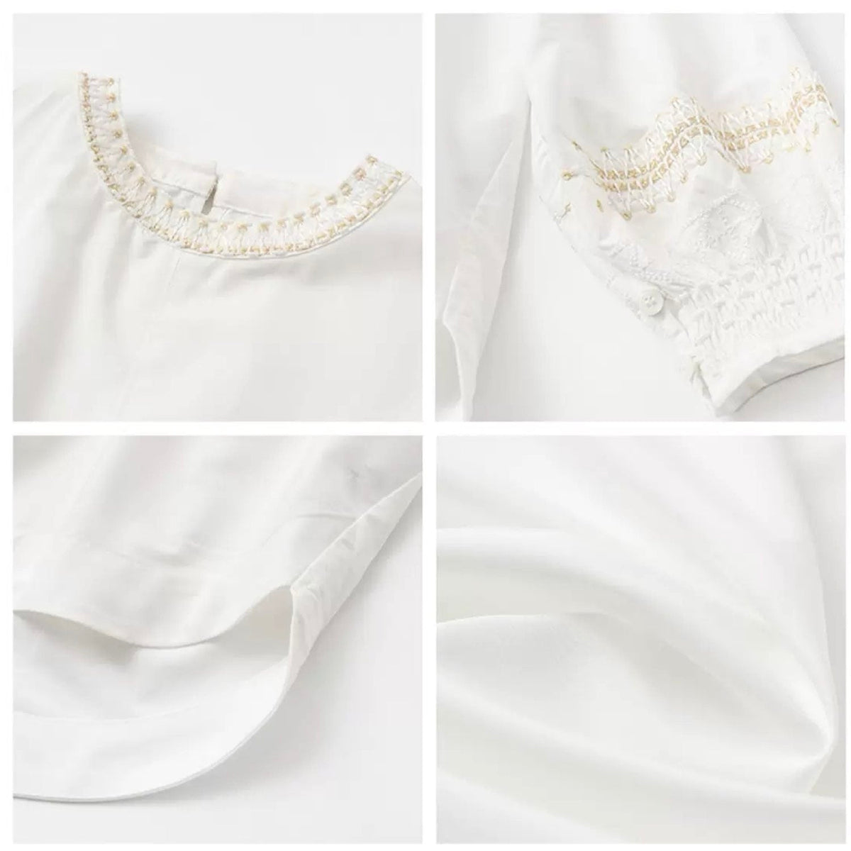 Embroidery Elegant Lance Round Neck White Shirt