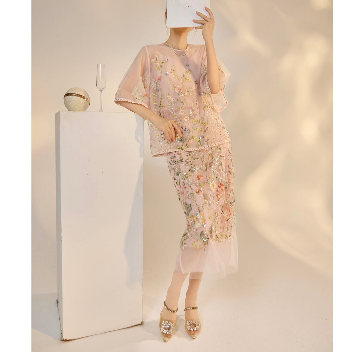 Embroidered 3D Flower Cardigan Skirt Set