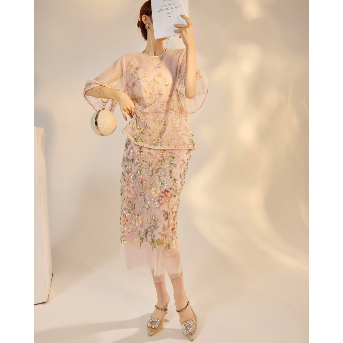 Embroidered 3D Flower Cardigan Skirt Set