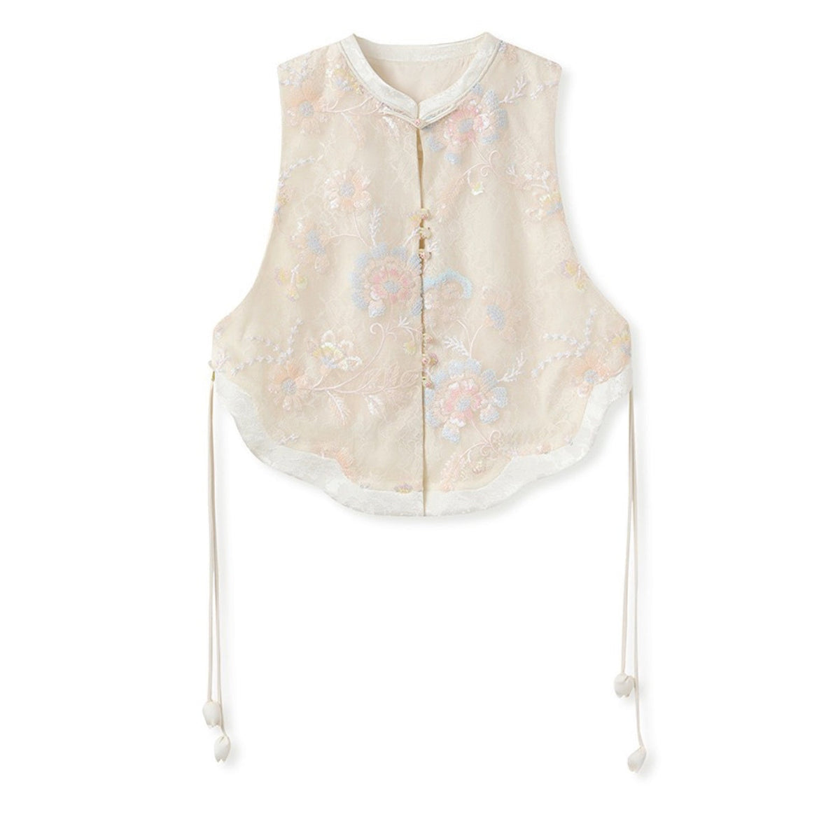 Poetic Embroidery Side Tie Sheer Floral Vest in Translucent Cream