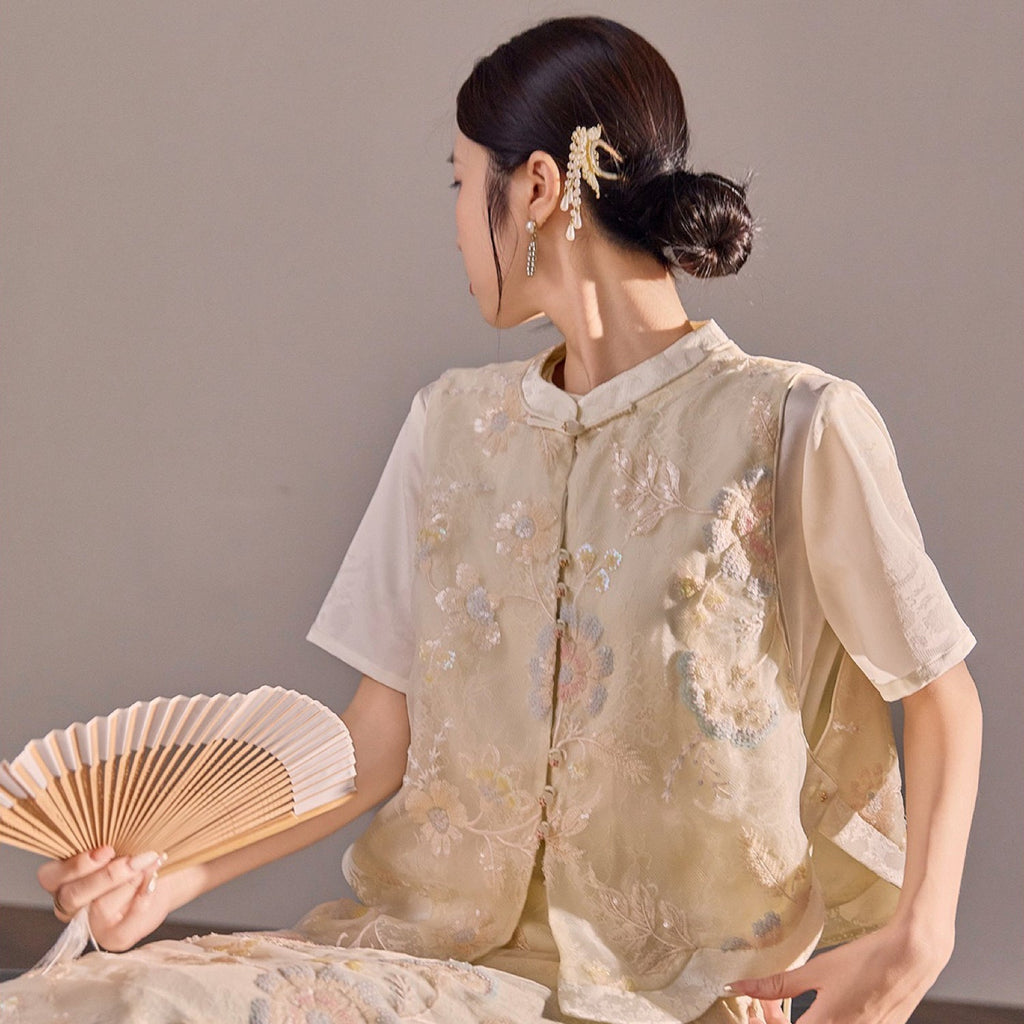 Poetic Embroidery Side Tie Sheer Floral Vest in Translucent Cream