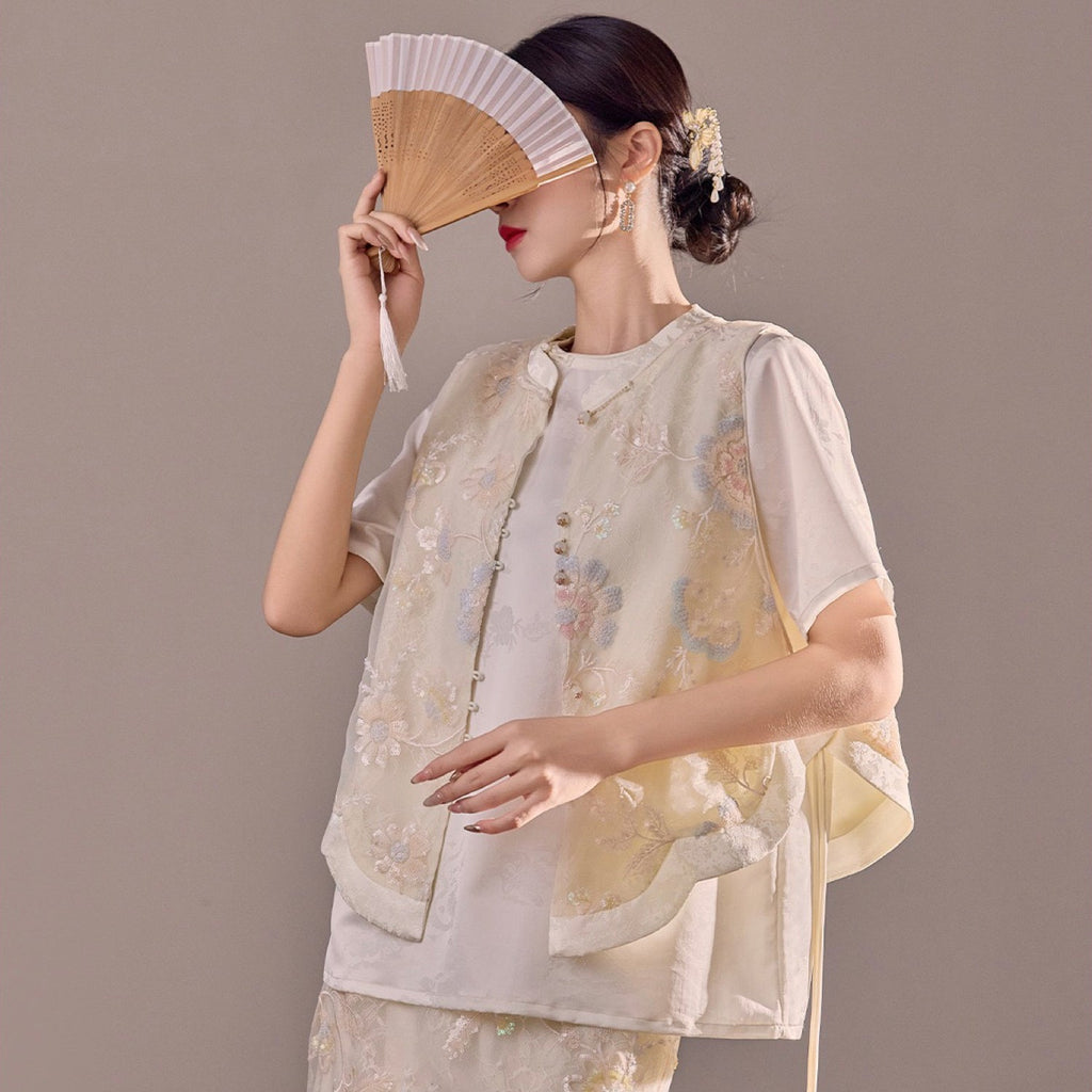 Poetic Embroidery Side Tie Sheer Floral Vest in Translucent Cream