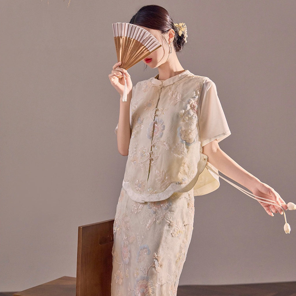Poetic Embroidery Side Tie Sheer Floral Vest in Translucent Cream
