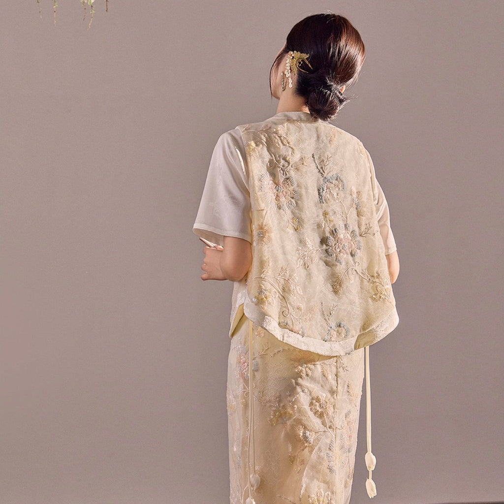 Poetic Embroidery Side Tie Sheer Floral Vest in Translucent Cream