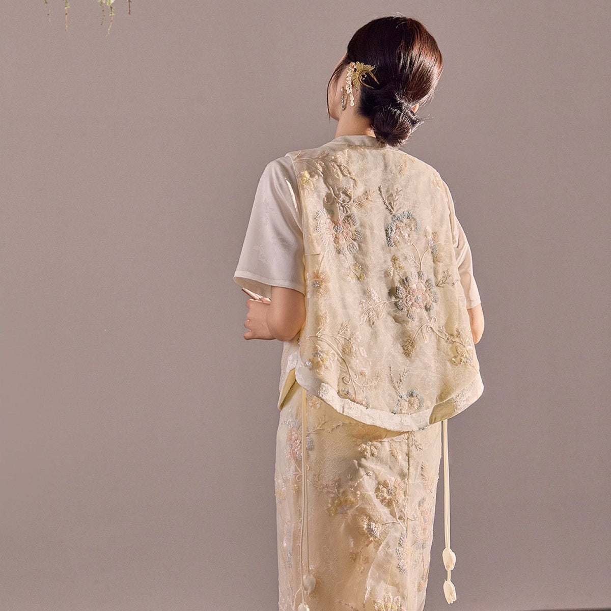Poetic Embroidery Side Tie Sheer Floral Vest in Translucent Cream