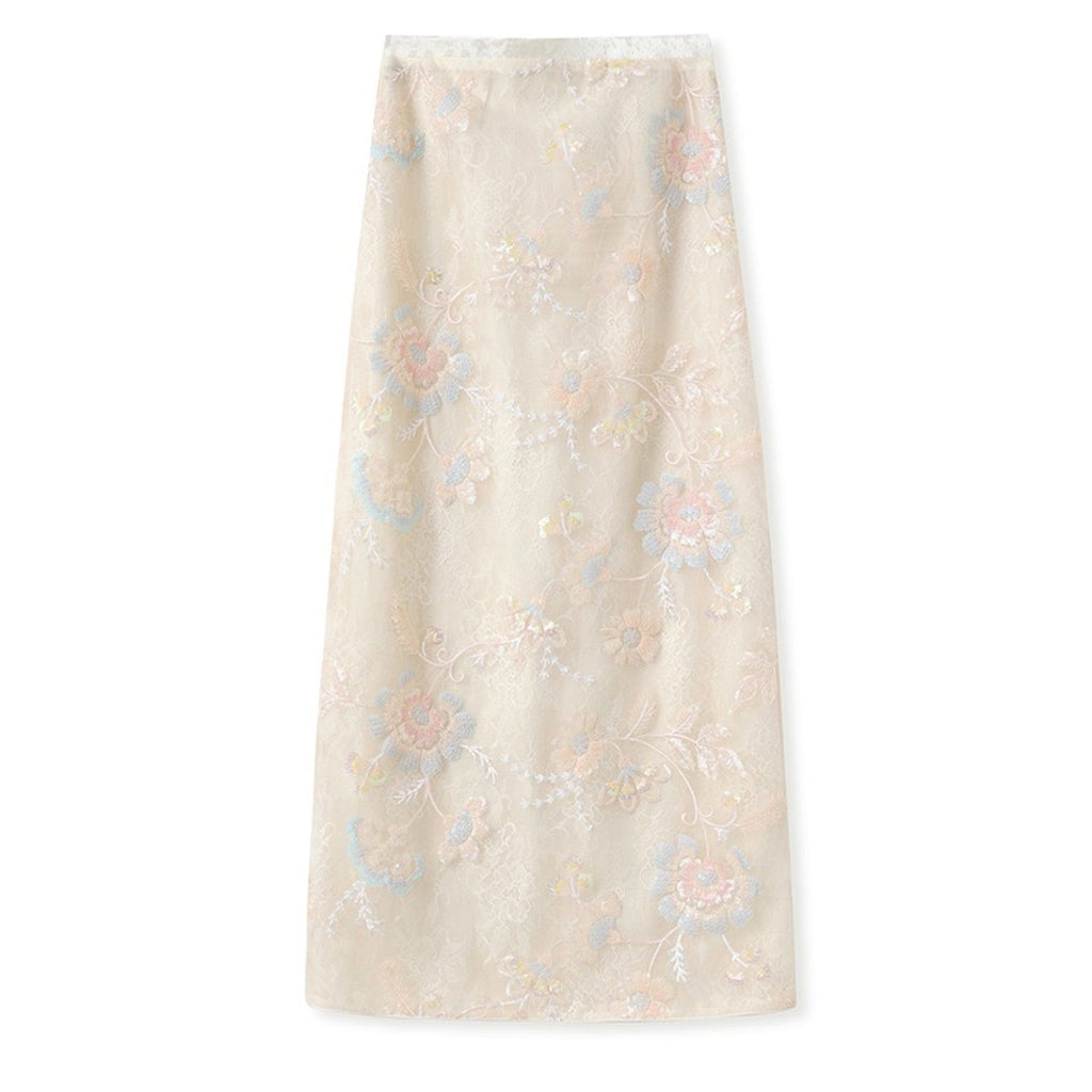 Poetic Embroidery Sheer Floral Embroidered Midi Skirt in Cream