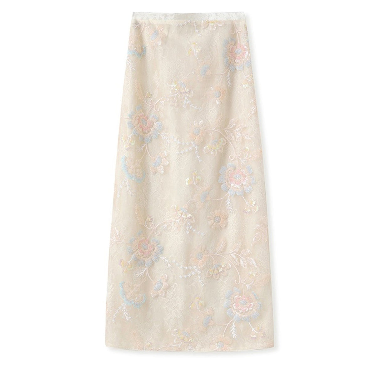 Poetic Embroidery Sheer Floral Embroidered Midi Skirt in Cream