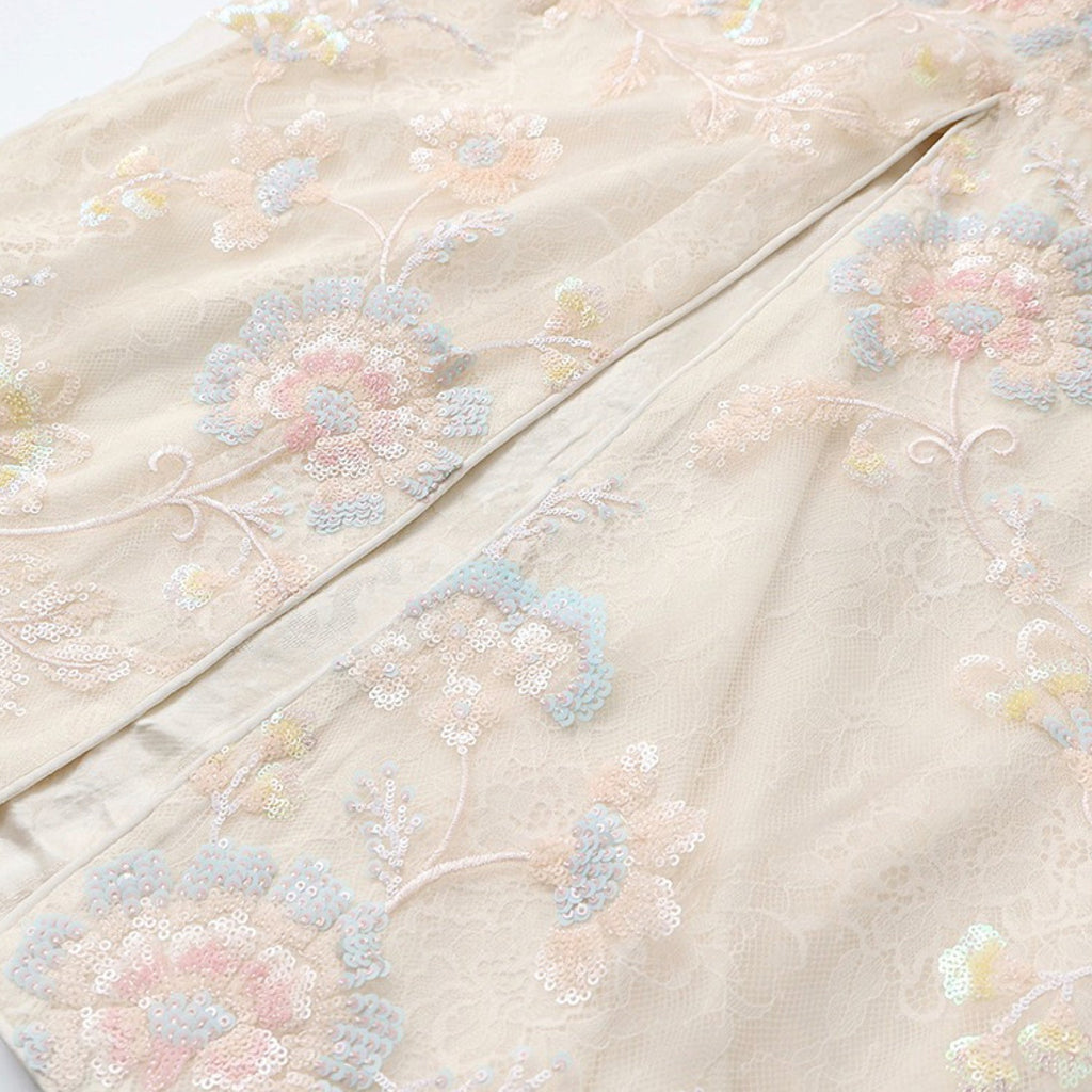 Poetic Embroidery Sheer Floral Embroidered Midi Skirt in Cream