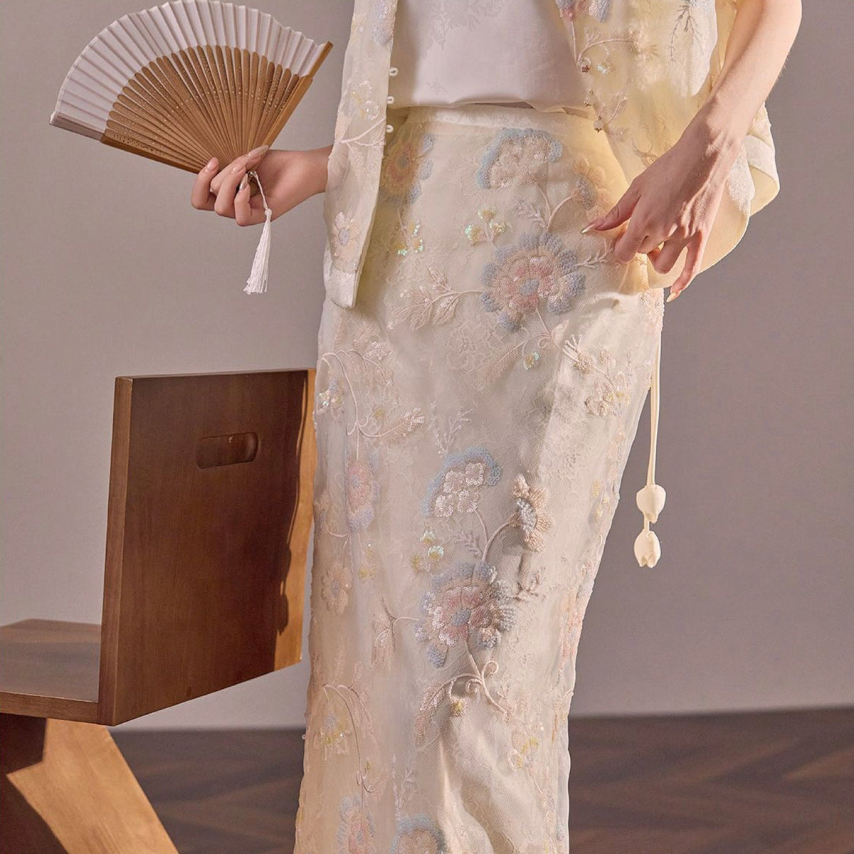 Poetic Embroidery Sheer Floral Embroidered Midi Skirt in Cream