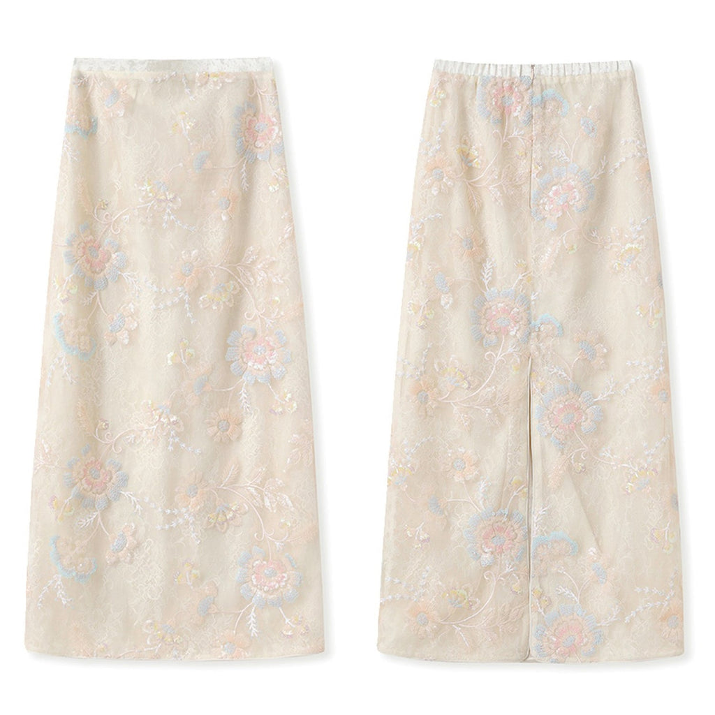 Poetic Embroidery Sheer Floral Embroidered Midi Skirt in Cream