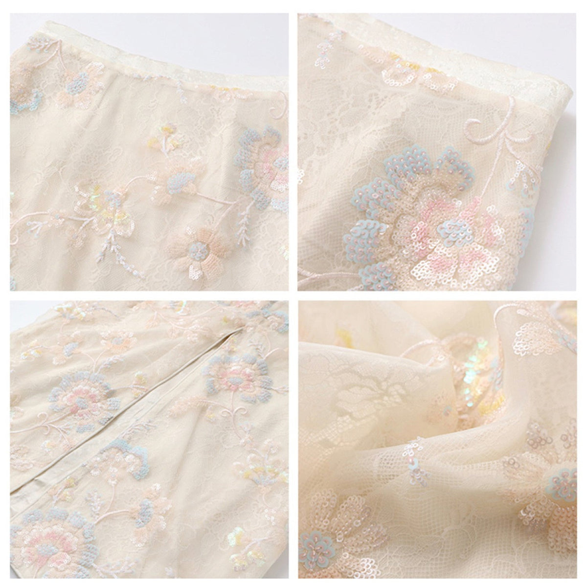 Poetic Embroidery Sheer Floral Embroidered Midi Skirt in Cream