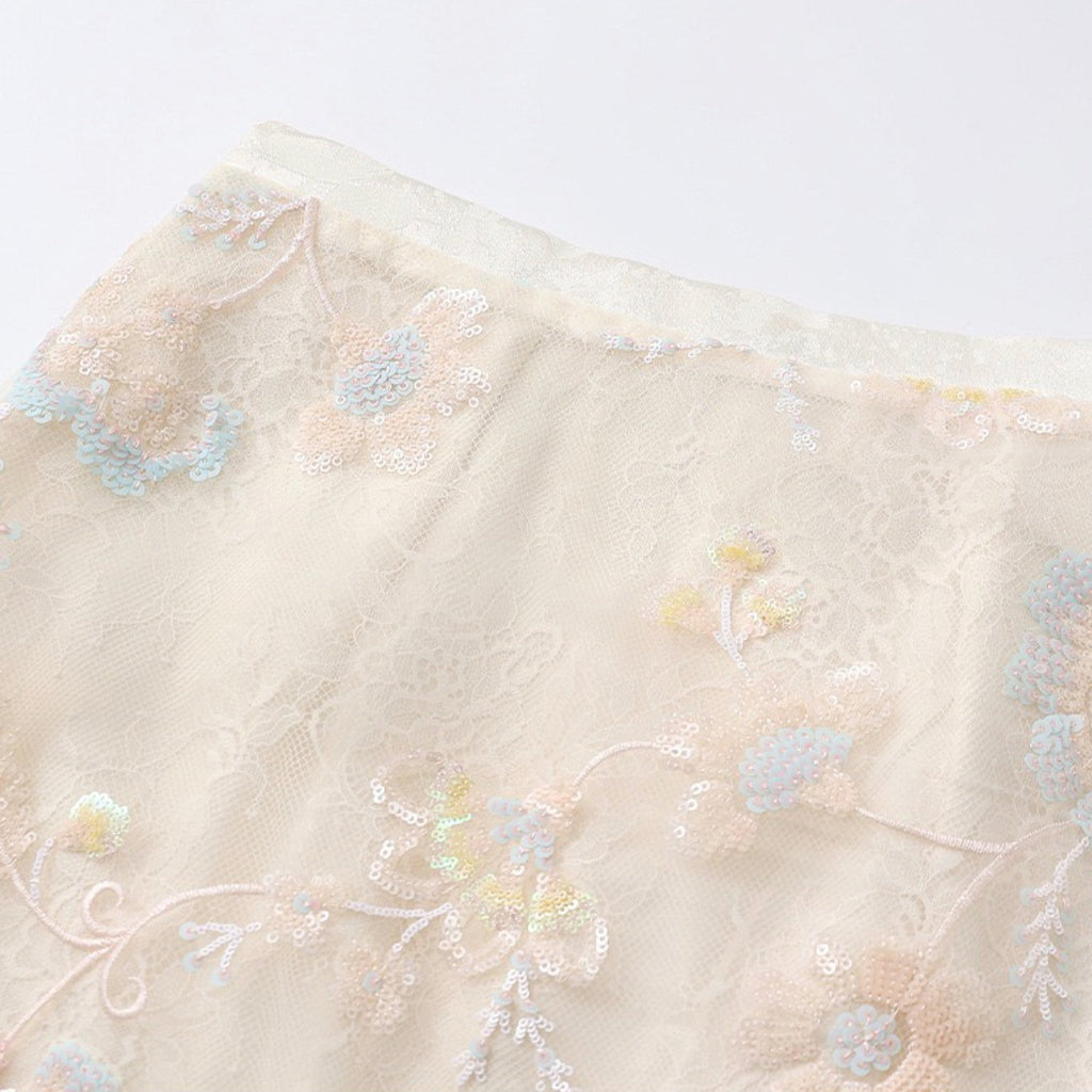 Poetic Embroidery Sheer Floral Embroidered Midi Skirt in Cream