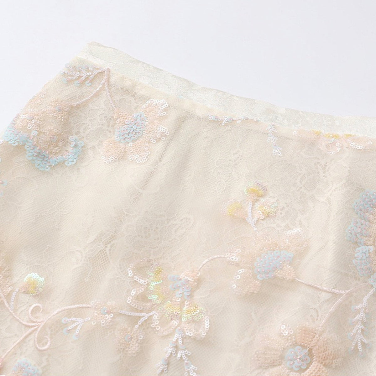 Poetic Embroidery Sheer Floral Embroidered Midi Skirt in Cream
