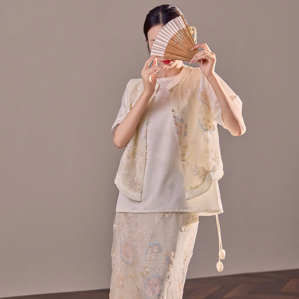 Poetic Embroidery Sheer Floral Side Tie Co ord Set