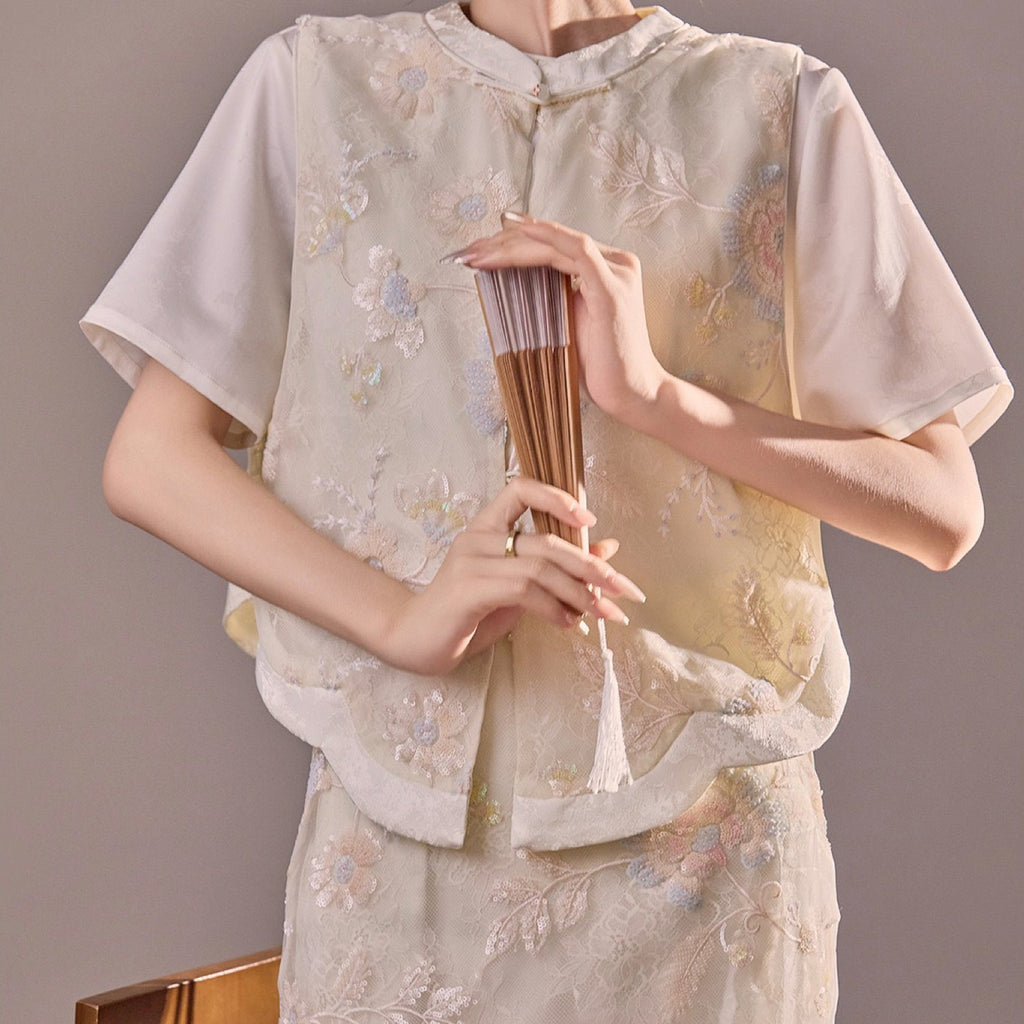 Poetic Embroidery Sheer Floral Side Tie Co ord Set